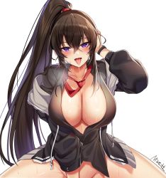 1girl :p absurdres artist_name black_jacket black_shirt blush bottomless breasts brown_hair cleavage collarbone counter:side cowboy_shot drooling groin hair_between_eyes hand_on_own_head hand_up heavy_breathing highres hood hooded_jacket jacket large_breasts long_hair long_sleeves looking_at_viewer maett naughty_face necktie necktie_over_shoulder no_panties off_shoulder open_clothes open_jacket partially_unbuttoned purple_eyes red_necktie saliva saliva_trail shirt sidelocks simple_background solo spread_legs sweat thighs tongue tongue_out very_long_hair watch white_background wristwatch yoo_mina rating:Questionable score:47 user:danbooru