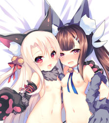 2girls :d animal_ears animal_hands ao_jun bell blush breasts brown_hair eyebrows fake_animal_ears fate/kaleid_liner_prisma_illya fate_(series) gloves hair_bell hair_ornament hairclip illyasviel_von_einzbern loli long_hair looking_at_viewer miyu_edelfelt multiple_girls navel nipples open_mouth paw_gloves ponytail purple_eyes red_eyes small_breasts smile rating:Questionable score:39 user:danbooru
