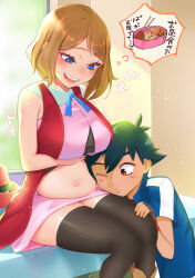 1boy 1girl age_difference ash_ketchum black_hair blue_eyes blush breasts brown_eyes brown_hair commentary commentary_request creatures_(company) curvy fingerless_gloves food game_freak gloves hat hetero highres large_breasts nintendo one_eye_closed plump pokemon pokemon_(anime) pokemon_xy_(anime) serena_(pokemon) short_hair sleeveless smile teeth terano_haruma thighhighs thought_bubble upper_teeth_only rating:Sensitive score:43 user:danbooru