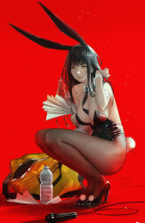  1girl adjusting_hair animal_ears bare_shoulders between_breasts black_footwear black_hair black_leotard black_necktie bottle breasts chainsaw_man cleavage cross_scar detached_collar facial_scar fake_animal_ears fake_tail from_side full_body ganet_p hand_fan hand_up high_heels highleg highleg_leotard highres holding holding_fan holding_paper large_breasts legs_together leotard long_hair looking_at_viewer microphone necktie necktie_between_breasts pantyhose paper parted_lips playboy_bunny rabbit_ears rabbit_tail ringed_eyes scar scar_on_cheek scar_on_face scar_on_nose simple_background solo squatting strapless strapless_leotard sweatdrop tail wrist_cuffs yellow_bag yellow_eyes yoru_(chainsaw_man) 