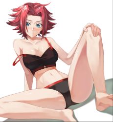 1girl bad_id bad_pixiv_id blue_eyes blush breasts cameltoe cleavage code_geass hand_on_own_knee highres kouzuki_kallen large_breasts legs looking_at_viewer red_hair rourou_ill shiny_skin short_hair simple_background solo sunrise_(company) tomboy white_background rating:Sensitive score:71 user:danbooru