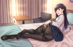 1girl ass bad_id bad_pixiv_id bed black_pantyhose blush brown_hair commentary_request curtains feet highres kyuuso_inukami long_hair looking_at_viewer lying no_shoes original panties pantyhose pillow school_uniform skirt soles solo table toes underwear rating:Sensitive score:103 user:danbooru