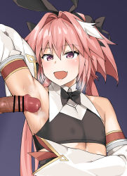 1boy arm_up armpit_sex armpits astolfo_(fate) blush censored fang fate/grand_order fate_(series) highres long_hair male_focus penis pink_eyes pink_hair smell smile solo sweat trap rating:Explicit score:40 user:FabricioDias