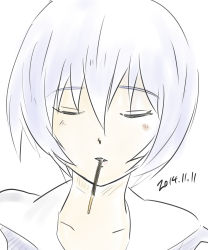  1girl ayanami_rei blue_hair closed_eyes food highres neon_genesis_evangelion pocky pocky_day pocky_kiss red_eyes shared_food  rating:Sensitive score:8 user:Katawa