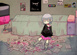  1girl bags_under_eyes bed black_shirt censored closed_mouth collar commentary crt depressed dot_nose english_commentary fake_censor grey_socks hands_on_floor happy-chan_(nanawo_akari) happy_ni_naritai_(nanawo_akari) heart indie_utaite looking_down mosaic_censoring official_art paper pencil pillow pink_collar pink_skirt pleated_skirt poster_(object) print_shirt purple_eyes purple_hair shirt short_hair sitting skirt socks solo spiked_collar spikes stuffed_animal stuffed_toy teddy_bear television terada_tera 
