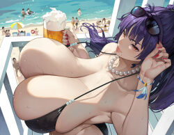  1girl agoppdki agu_(agoppdki) alcohol beach beer bikini black_bikini blush bracelet breasts bursting_breasts cleavage colorized highres huge_breasts jewelry long_hair looking_at_viewer mature_female mole mole_under_mouth necklace orange_eyes original pearl_necklace ponytail purple_hair smile sunglasses swimsuit tagme  rating:Explicit score:101 user:the_lewd_guy