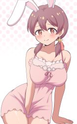 1girl absurdres animal_ears bare_arms bare_shoulders between_legs breasts brown_eyes brown_hair chemise collarbone commentary dot_nose gradient_background hair_between_eyes hand_between_legs highres kiteman442 large_breasts light_blush lingerie long_hair looking_at_viewer low_twintails multicolored_hair murosaki_miyo nightgown onii-chan_wa_oshimai! pink_chemise polka_dot polka_dot_background rabbit_ears red_hair simple_background smile solo twintails two-tone_hair underwear rating:Sensitive score:29 user:danbooru
