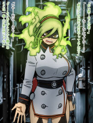  1girl alley angry arm_at_side artist_request belt belted_dress black_hairband black_thighhighs boku_no_hero_academia breasts brown_eyes burnin_(boku_no_hero_academia) buttons clenched_hand collarbone collared_dress curvy dress eye_mask eyebrows_visible_through_mask fangs female_focus fiery_hair fire fire_extinguisher garter_straps gradient_hair green_fire green_hair hair_between_eyes hair_ornament hairband hand_on_own_hip highres jacket japanese_text kamiji_moe large_breasts legs long_hair long_sleeves looking_at_viewer mask multicolored_hair neck open_mouth outdoors ponytail short_dress side_slit sidelocks standing suit_jacket thighhighs thighs tight_clothes tight_dress translation_request v-shaped_eyebrows wide_ponytail 