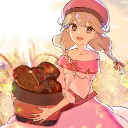  1girl :d bare_shoulders basket blonde_hair bow braid brown_eyes collarbone dress faye_(fire_emblem) faye_(valentine)_(fire_emblem) fire_emblem fire_emblem_echoes:_shadows_of_valentia fire_emblem_heroes graffiti_uthn hair_bow hat holding holding_basket long_hair looking_at_viewer multiple_hair_bows nintendo off-shoulder_dress off_shoulder official_alternate_costume open_mouth outdoors pink_dress pink_hat red_bow smile solo twin_braids 