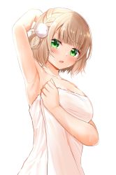1girl :o absurdres arm_behind_head arm_up armpits bare_shoulders blunt_bangs blush braid breasts brown_hair cleavage collarbone commentary_request ex_idol green_eyes hair_ornament hair_rings highres indie_virtual_youtuber looking_at_viewer medium_breasts naked_towel open_mouth pom_pom_(clothes) pom_pom_hair_ornament shigure_ui_(vtuber) short_hair simple_background solo towel upper_body virtual_youtuber wet white_background rating:Sensitive score:36 user:danbooru