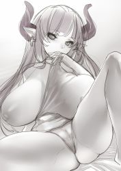10s 1girl alicia_(granblue_fantasy) breasts cross cross_earrings draph earrings granblue_fantasy hand_over_mouth highres horns huge_breasts jewelry long_hair looking_at_viewer monochrome one_breast_out pointy_ears single_horn sketch tahnya rating:Explicit score:38 user:DungeonCrawlingInMySkin