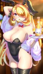  1girl anisdrawn bare_shoulders blonde_hair breasts cleavage creatures_(company) cynthia_(pokemon) game_freak hair_over_one_eye highres large_breasts leotard nintendo pokemon pokemon_dppt rabbit_ears solo waitress  rating:Sensitive score:32 user:Cancerouscrab