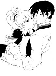  1boy 1girl apron black_hair bow bowtie butler cookie couple cup darker_than_black eating food formal greyscale hei_(darker_than_black) hetero imminent_kiss maid maid_apron monochrome ponytail saneie sleeves_rolled_up suit teacup teapot traditional_bowtie white_hair yin_(darker_than_black)  rating:Sensitive score:10 user:danbooru