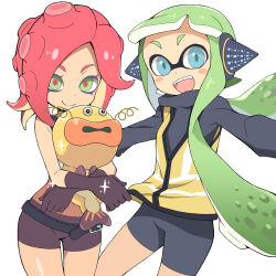  2girls :d agent_3_(splatoon) amatta_page animal belt black_belt black_shirt blue_eyes blush_stickers brown_gloves brown_shorts closed_mouth commentary_request cowboy_shot fangs fish gloves green_eyes green_hair headphones high-visibility_vest holding holding_animal holding_fish inkling_girl inkling_player_character long_hair long_sleeves looking_at_viewer midriff multiple_girls navel nintendo open_mouth outstretched_arms red_hair red_pupils shirt shorts simple_background smile sparkle splatoon_(series) suction_cups takozonesu tentacle_hair thigh_gap twintails very_long_hair white_background zapfish 