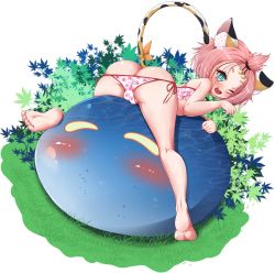 1girl absurdres animal_ears ass bikini blush cameltoe cat_ears cat_girl cat_tail cleft_of_venus diona_(genshin_impact) ether_core genshin_impact grass highres loli looking_at_viewer one_eye_closed pink_bikini sexually_suggestive short_hair slime slime_(genshin_impact) smile solo swimsuit tail transparent_background wink rating:Questionable score:392 user:Ren~chan