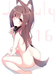  1girl animal_ears bad_id bad_twitter_id blush brown_eyes brown_hair collar fox_ears fox_tail haruka_natsuki july kneeling long_hair looking_at_viewer looking_back nude original simple_background sitting solo tail wariza white_background  rating:Questionable score:15 user:mshig11
