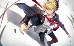 1boy belt black_hair black_jacket blonde_hair dyed_bangs dynamic_pose highres jacket katana kido_hyde looking_to_the_side male_focus multicolored_hair necktie qitoli red_eyes red_necktie reverse_grip school_uniform shadow shirt short_hair simple_background solo sword two-tone_hair under_night_in-birth weapon white_shirt wind wind_lift