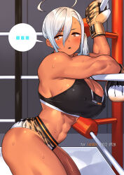  23_(real_xxiii) abs absurdres ahoge ass back bare_arms bare_legs biceps blush boxing boxing_gloves boxing_ring breasts cleavage_cutout clothing_cutout dark-skinned_female dark_skin defeat deltoids exhausted glutes highres huge_breasts leaning_forward leaning_on_object looking_back muscular muscular_female orange_eyes real_xxiii real_xxiii&#039;s_dark_skinned_girl sela_(23) side_ponytail sideboob sports_bra sweat thick_thighs thighs tiger_print_underwear underwear white_hair 