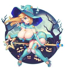  1girl ass blonde_hair blue_eyes blue_footwear blue_gloves blue_hat blue_nails bodysuit boots breasts cleavage closed_mouth collarbone costume elbow_gloves fingerless_gloves full_body full_moon gloves hair_over_one_eye halloween halloween_costume hat high_heel_boots high_heels highres huge_breasts jack-o&#039;-lantern knees_together_feet_apart leaning_forward lips long_hair mario_(series) moon nail_polish night night_sky nintendo pink_lips rosalina sky smile solo star_(sky) starry_sky supersatanson thigh_boots transparent_background tree v witch_hat  rating:Questionable score:27 user:DarkToonLink