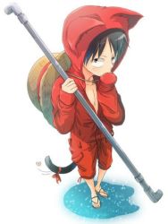  1boy animal_ears animal_hood bow brown_eyes capri_pants cat_boy cat_ears cat_tail fake_animal_ears full_body hand_over_mouth hat heart hoodie looking_at_viewer male_focus monkey_d._luffy one_piece open_clothes open_shirt perspective pole red_pants red_ribbon sandals scar shirt simple_background solo stampede_string straw_hat tail unzipped weapon white_background 