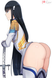  1girl artist_name ass bakuzan bent_over black_hair blue_eyes bottomless devilukez highres huge_ass imminent_penetration junketsu kill_la_kill kiryuuin_satsuki long_hair no_panties solo sword thick_thighs thighhighs thighs weapon white_background white_thighhighs  rating:Questionable score:163 user:JustHere4Butts