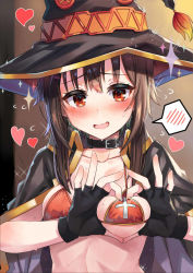 1girl :d alternate_breast_size bad_id bad_pixiv_id bikini bikini_top_only black_cape black_gloves black_hat blush breasts breasts_squeezed_together brown_hair buckle cape collar collarbone embarrassed eyelashes fingerless_gloves flying_sweatdrops gloves hat heart heart-shaped_boob_challenge heart_hands kono_subarashii_sekai_ni_shukufuku_wo! looking_at_viewer medium_breasts megumin moze open_mouth red_bikini red_eyes short_hair small_breasts smile solo sparkle speech_bubble spoken_blush sweat swimsuit tareme tassel upper_body witch_hat rating:Questionable score:125 user:danbooru