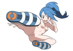  1girl anus ass battle_girl_(pokemon) blue_hair blush breasts cleft_of_venus highres jumping kicking netoneto npc_trainer nude pokemon ponytail pussy shoes small_breasts sneakers soles solo third-party_edit uncensored 