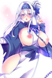 10s 1girl ainu_clothes aizawa_chihiro bandages blue_eyes blue_jacket blush breasts breasts_out chain cropped_jacket dress embarrassed folded_ponytail headband huge_breasts jacket kamoi_(kancolle) kantai_collection long_hair looking_at_viewer nipples open_mouth silver_hair sleeveless sleeveless_dress solo thick_eyebrows white_dress rating:Questionable score:15 user:danbooru