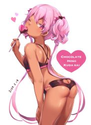  1girl ass ass_cutout back bare_back bare_shoulders black_bra black_panties blush bra butt_crack candy chocolate clothing_cutout commentary_request dark-skinned_female dark_skin flat_chest food heart heart_cutout highres long_hair looking_at_viewer looking_back maki_(natoriumu) mole mole_under_mouth one_eye_closed original panties petite pink_eyes pink_hair solo twintails underwear underwear_only valentine 