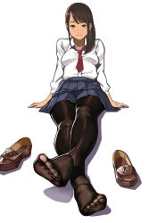  1girl absurdres black_pantyhose brown_eyes brown_hair commentary_request feet foot_focus full_body highres loafers long_hair looking_at_viewer necktie no_shoes original pantyhose school_uniform shoes unworn_shoes sitting skirt smile soles solo toes yomu_(sgt_epper)  rating:Sensitive score:110 user:danbooru