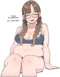  1girl arm_support bikini blunt_bangs blush braid breasts brown_hair cleavage closed_eyes collarbone commentary covered_erect_nipples english_text facing_viewer feet_out_of_frame glasses grey_bikini head_tilt jimiko large_breasts long_hair navel ohasi open_mouth original plump simple_background sitting solo swimsuit symbol-only_commentary thick_thighs thighs twin_braids white_background 