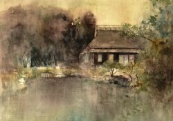  brown_background building forest highres house mouen_tw nature no_humans original painting_(medium) plant pond rock scenery traditional_media tree water watercolor_(medium) 