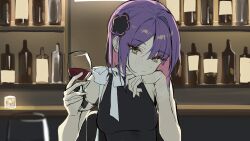  1girl absurdres alcohol black_dress closed_mouth dress green_eyes highres looking_at_viewer purple_hair short_hair solo streamer syhan twitter upper_body 