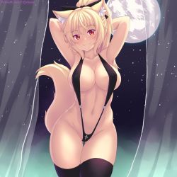 1girl animal_ears armpits arms_up bare_shoulders black_bow black_thighhighs blonde_hair blush bow breasts cat_ears cat_girl cat_tail closed_mouth collarbone cowboy_shot curtains fang fang_out highres large_breasts lingerie looking_at_viewer moon navel night night_sky nottytiffy original ponytail red_eyes see-through sidelocks sky slingshot_swimsuit smile solo star_(sky) starry_sky swimsuit tail thigh_gap thighhighs tiffy_(nottytiffy) underwear watermark rating:Questionable score:86 user:danbooru