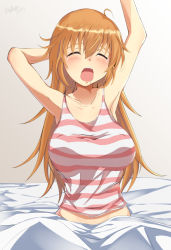 1girl ahoge bad_id bad_pixiv_id bed blouse blush breasts brown_hair charlotte_e._yeager closed_eyes collarbone hair_between_eyes indoors large_breasts momendoufu open_mouth saliva shirt sitting solo strike_witches striped_clothes striped_shirt tears teeth under_covers upper_teeth_only waking_up world_witches_series yawning rating:Questionable score:29 user:danbooru