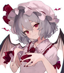  1girl absurdres ascot bat_wings closed_mouth commentary fingernails frilled_sleeves frills grey_hair hair_between_eyes hat highres kani_nyan looking_at_viewer mob_cap nail_polish red_ascot red_eyes red_nails remilia_scarlet shirt short_hair short_sleeves simple_background smile solo symbol-only_commentary touhou upper_body white_background white_hat white_shirt wings 