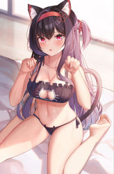 1girl :o absurdres animal_ear_fluff animal_ears bare_arms bare_legs bare_shoulders barefoot bed_sheet black_bra black_panties black_ribbon blush bra braid breasts cat_cutout cat_ear_panties cat_ears cat_girl cat_lingerie cat_tail cleavage cleavage_cutout clothing_cutout feet frilled_bra frills hairband hamidashi_creative hands_up highres indoors kamakura_shio large_breasts long_hair meme_attire milk_box_(leoleo963852741) navel on_bed one_side_up open_mouth panties paw_pose pink_eyes purple_hair red_hairband ribbon side-tie_panties sitting soles solo sweat tail toes underwear underwear_only very_long_hair wariza window rating:Sensitive score:48 user:danbooru