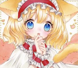  1girl alice_margatroid animal_ear_fluff animal_ears blonde_hair blue_eyes blush capelet cat_ears cat_girl cat_tail commentary_request frilled_hairband frills hairband heart lolita_hairband marker_(medium) open_mouth own_hands_together red_hairband solo tail touhou traditional_media white_capelet wrist_cuffs yuuki_hana_(jtnp5334) 