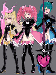  3girls :3 absurdres ass blonde_hair boots bow breasts corruption covered_erect_nipples covered_navel dark_persona drill_hair grey_background hair_bow hanabishi_haruka heart heart-shaped_pupils highres holding holding_polearm holding_weapon kitasshi kuromaru_(mugen) large_breasts light_blush long_hair magia_azure magia_magenta magia_sulfur mahou_shoujo_ni_akogarete minakami_sayo multiple_girls open_mouth parasite pink_hair polearm possessed possession purple_eyes simple_background skirt small_breasts smile spandex spear symbol-shaped_pupils teeth tenkawa_kaoruko tongue tongue_out twintails upper_teeth_only weapon 