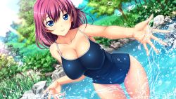  1girl blue_eyes blue_one-piece_swimsuit blush breasts bush cleavage competition_school_swimsuit cowboy_shot day dutch_angle foreshortening game_cg grass hair_ornament hairclip large_breasts leaning_forward light_rays light_smile looking_at_viewer natsu_doki! nature nemitarou one-piece_swimsuit outdoors outstretched_hand pink_hair pond purple_hair rock school_swimsuit short_hair sky smile soaking_feet solo splashing standing sunbeam sunlight swimsuit takanaka_mari tree wading water wet wide_hips 