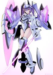  1girl absurdres alternate_costume armor blush boots energy_sword eyeshadow green_eyes highres holding holding_lightsaber holding_weapon hololive knee_boots lightsaber long_hair lost_b&#039;unny makeup multicolored_hair pink_hair purple_hair purple_lightsaber science_fiction shield simple_background smile solo sword tokoyami_towa twintails twitter_logo twitter_username virtual_youtuber weapon white_armor white_background 