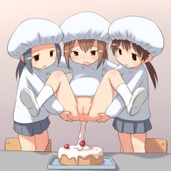  3girls aaaa_(quad-a) anal anus ass ass_grab bad_id bad_pixiv_id black_eyes black_hair blush body_blush bottomless brown_hair cake chair cleft_of_venus cooking enema female_focus food food_insertion fruit gradient_background hat held_up highres icing kneehighs legs loli long_hair long_sleeves looking_down multiple_girls no_panties object_insertion open_mouth original pleated_skirt prolapse pussy rectal_prolapse shiny_skin shirt shoes short_hair simple_background skirt socks spread_legs standing strawberry table tray uncensored what white_legwear white_shirt  rating:Explicit score:386 user:andancio