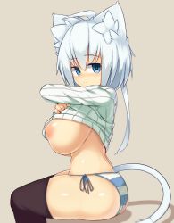 1girl animal_ears black_thighhighs blue_eyes blush breasts cat_ears cat_tail clothes_lift felt_whitesnow full-face_blush highres huge_breasts looking_at_viewer md5_mismatch nipples original panties resized ribbed_sweater sawati shiny_skin shirt_lift short_hair short_hair_with_long_locks side-tie_panties simple_background sitting solo striped_clothes striped_panties sweater tail thighhighs underwear white_hair rating:Questionable score:51 user:danbooru