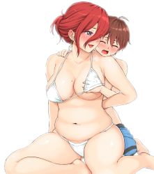  1boy 1girl age_difference blush breasts brown_hair cleavage closed_eyes grabbing grabbing_another&#039;s_breast large_breasts mature_female open_mouth plump purple_eyes red_hair short_hair shota sitting smile swimsuit  rating:Questionable score:61 user:DoctorWasabi