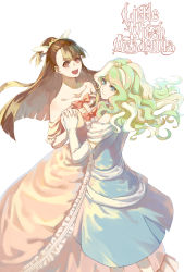 10s 2girls :d absurdres alternate_costume bare_shoulders blonde_hair blue_dress blue_eyes blush bow brown_hair c: closed_mouth collarbone copyright_name diana_cavendish dress elbow_gloves female_focus floating_hair formal from_above gloves green_hair hair_ornament hangyifan97 happy highres holding_hands interlocked_fingers kagari_atsuko little_witch_academia long_dress long_hair looking_at_viewer looking_back looking_up multicolored_hair multiple_girls neck off-shoulder_dress off_shoulder open_mouth orange_bow orange_dress red_eyes simple_background smile standing two-tone_hair wavy_hair white_background white_gloves yuri rating:Sensitive score:7 user:danbooru