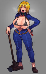  1girl absurdres areola_slip arm_behind_head bikini black_bikini black_eyes blonde_hair blue_jumpsuit blush bob_cut breasts breasts_out collar drug-on_tongue drugs fallout_(series) fallout_4 full_body gold_trim grey_background hair_between_eyes hammer hand_on_own_hip highres holding holding_weapon huge_breasts jet_(fallout) jumpsuit large_breasts micro_bikini mob_face navel open_clothes open_mouth shoes short_hair simple_background skindentation sledgehammer solid_oval_eyes solo standing steam steaming_body stomach sweat sweatdrop swimsuit triangle_mouth vault_girl vault_meat vault_suit waa153 watermark weapon  rating:Sensitive score:25 user:skoomster