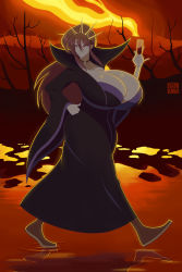  1girl alcohol big_hair black_dress boots breast_expansion breasts choker cleavage commission cup demon_girl dress drinking_glass fire gold_tiara hair_between_eyes hairband hand_on_own_hip hardkoba highres huge_breasts long_hair long_sleeves looking_to_the_side night orange_background original red_eyes red_hair sidelocks smile thick_thighs thighs tiara tree walking walking_on_liquid water wine wine_glass  rating:General score:14 user:Gthot