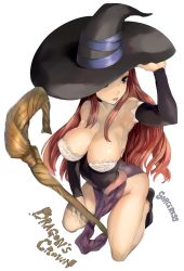 1girl armpits breasts brown_eyes brown_hair character_name cleavage copyright_name detached_sleeves dragon&#039;s_crown dress from_above hat hat_over_one_eye holding holding_clothes holding_hat kneeling large_breasts long_hair mikurou_(nayuta) simple_background solo sorceress_(dragon&#039;s_crown) staff strapless strapless_dress white_background witch_hat rating:Questionable score:63 user:danbooru