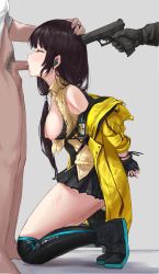  1girl absurdres bare_shoulders black_hair black_skirt blush brown_sweater_vest commission fellatio from_side full_body girls&#039;_frontline glock gun gun_to_head handgun hetero highres irrumatio jacket kneeling long_hair mod3_(girls&#039;_frontline) multicolored_hair nipples open_mouth oral party_source penis pussy_juice rape restrained ro635_(girls&#039;_frontline) saliva sawkm second-party_source simple_background skirt solo_focus sweater_vest tears torn_clothes weapon yellow_eyes yellow_jacket  rating:Explicit score:131 user:danbooru