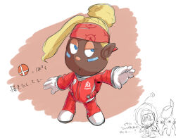  1girl :o asymmetrical_bangs backpack bag blonde_hair blue_eyes buttons crying crying_with_eyes_open dark-skinned_female dark_skin gauge gloves hair_bun half-closed_eyes headband helmet jumpsuit leaf long_bangs looking_to_the_side marking_on_cheek multiple_views nintendo no_headwear no_mouth open_mouth partially_colored pikmin_(creature) pikmin_(series) pikmin_4 pointy_ears pointy_nose radio_antenna red_bag red_headband red_jumpsuit red_pikmin scared shaded_face shepherd_(pikmin) shoes short_hair simple_background single_hair_bun sketch space_helmet spacesuit super_smash_bros. super_smash_bros._logo sweat sweatdrop teardrop tears translation_request trembling usuba_(hatomugip) whistle white_background white_footwear white_gloves yellow_pikmin 
